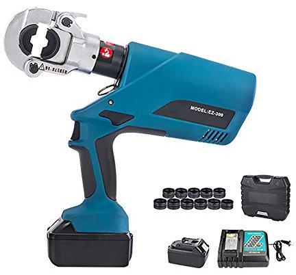 Bonvoisin Crimpadora Hidráulica con Batería Recargable 10-300m㎡ con 12 Matrices, Cabezal Giratorio de 360°, 18V 4.0Ah Batería de Litio (EZ-300, 10-300m㎡)