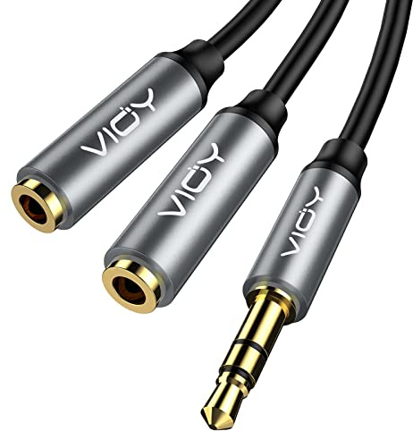 VIOY Headphone 20cm Splitter 3.5mm Male to Dual Female Stereo Cable | Silver-plated copper core, 24K gold-plated plugs, double nylon braided, TRS stereo only, plug-and-play for amp mixer guitar