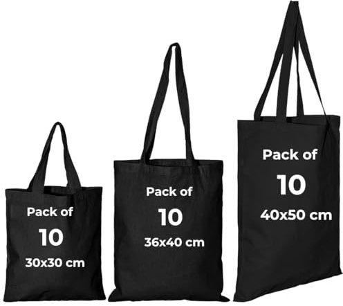 IMFAA 10 st återanvändbara shoppingväskor av 100% bomull, perfekt för tryckning och broderi (svart, M (40 x 36 + 60)