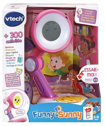 VTech - Funny Sunny Rose, Compagnon Interactif, Conteuse d'Histoires et Chansons, Relaxation, Routine, Émotions, Jeux Rigolos, Veilleuse, Réveil, Cadeau Enfant de 3 Ans à 8 Ans - Contenu en Français