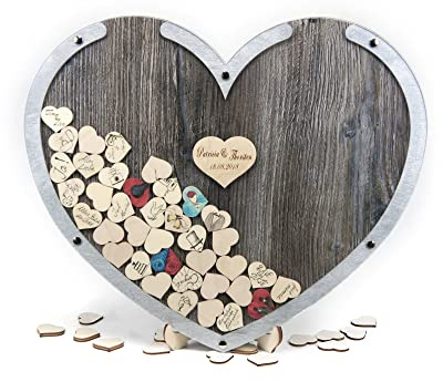 Laserano Edles Herz Hochzeitsgästebuch im Dekor Dark Oak, personalisierbar m. Wunschgravur auf 10cm Holzherz, inkl. 100 Holz-Herzchen als Einwurfherzen; Hingucker in Herzform (50x40cm) made in Germany