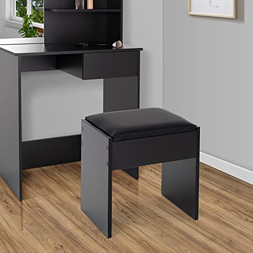ECD Germany Schminktisch Hocker, Schwarz, 40x43x29,5 cm, im edlen Design, hoher Sitzkomfort, Sitzhocker aus Holz mit gepolstertem Kissen und Bezug aus Kunstleder, Moderner Polsterhocker Schminkhocker