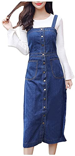 AMhomely Womens Denim Pinafore Dungaree Dress Button Down Jumper Dresses with Pockets