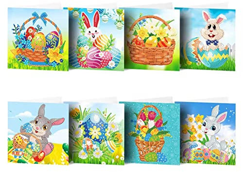 ycyingcheng DIY 5D Diamant Grußkarten, Ostern Diamant Karte Kit, Bunny Egg Hunt Diamant Kunst Grußkarte, Ostern Geburtstag Karten Craft Kit für Klassenzimmer Aktivitäten, 8PCS