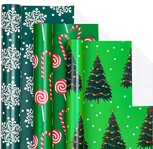 Holijolly Weihnachts-Geschenkpapierrolle – Halbe Rolle – Weihnachtsbäume/Zuckerstange/Schneeflocke zum Verpacken von Geschenken, Basteln – 43 x 305 cm x 3 Rollen (42.6 sq.ft.ttl.)