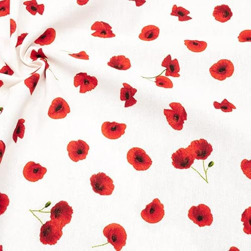 STOFFKONTOR Dekostoff bedruckt Halbpanama Leinen Optik Mohnblumen, Öko-Tex Standard 100 - Meterware, weiss - zum Nähen von Tischwäsche, Kissen, Vorhängen, Dekoartikeln uvm.