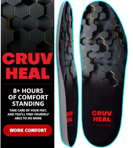 CRUVHEAL Work Comfort Orthotic Insoles - Anti Fatigue Shoe Insert Men Women - Low Arch Support - Shock Absorption - Foot Pain Relief - Work Boot Insoles (XL, Black)