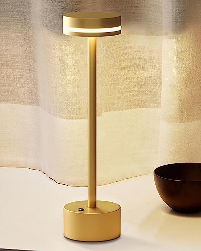 FUNTAPHANTA LED Battery Operated Cordless Table Lamp with Touch Sensor, Aluminum Lamp Body, 3000K Warm Light, Dimmable Battery Powered Bedside Lamp, for Dining Table (Gold)