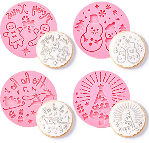 4 Stück Merry Christmas Plätzchen Stempel Rosa Keks Stempel Acryl Weihnachten Fondant Präger Zuckerguss Ausstechformen Schneemänner Gebäck Form Kuchen Deko Backen Werkzeuge für Cupcake