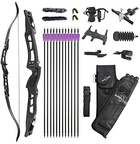 HNZMDY 66zoll Takedown Recurve Bogen Set für Erwachsene Jugendliche ILF Limbs 20-40lbs Jagdbogen Bogenschießen Wettkampf Athletischer Bogen Rechte Hand (28lbs, Schwarz)