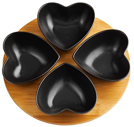 AMBITION Dipschalen Set Schwarz Snackchalen Set mit Tablett 25 cm rund herzförmig Schalen Porzellan Bambusbrett Natural Kollektion