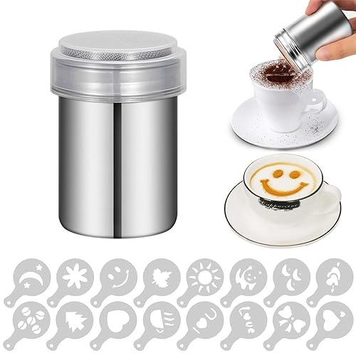 1 pezzi spargi cacao in polvere - Shaker per polvere in acciaio inox 304, Shaker per cappuccino per latte, con coperchio con foro con 16 stampi per timbri da caffè