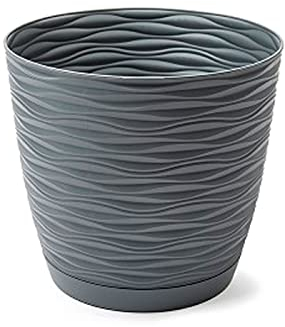 Acan Tradineur - Maceta Redonda con Plato - Diseño Wind (Ø 15 cm) - Fabricado en plástico - Ideal para jardín Exterior, terraza o balcón - Color Antracita