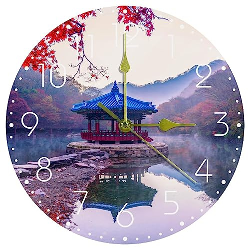 RODAILYCAY Wall Clock Non-Ticking Decorative, Acrylic Round Silent Clock, Wall Clock Battery Operated for Bedroom Living Room Kitchen Classroom Office Home Nature Landscape Pavilion