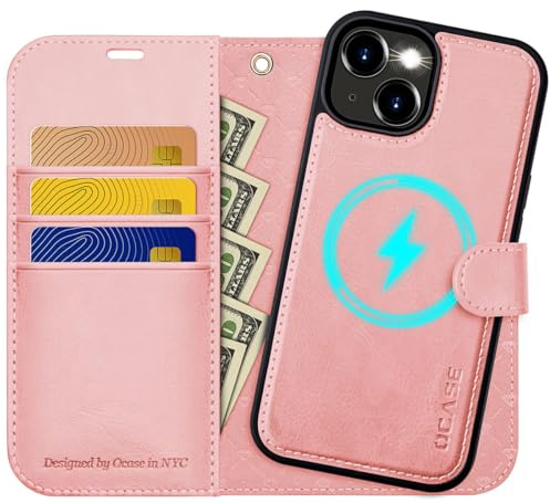 OCASE Coque iPhone 15 Amovible 2 en 1 Etui Portefeuille iPhone 15 [RFID Blocage] [Fentes pour Cartes] Antichoc TPU Housse Cuir Protection pour iPhone 15 (6,1 Pouces) - Rose