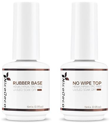 Nicedeco Esmalte de uñas en gel Base de goma y capa superior, 2x15ML Sin toallita Juego de capa superior y capa base Esmalte de uñas de gel transparente U V/LED Larga duración