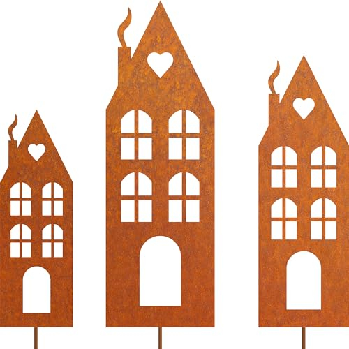 JYUECIAN Case Ruggine Decorazione da Giardino Arrugginito Spina, Figura di Casa, Sagoma di Casa Metallo per Cortile Prato Giardino All'aperto