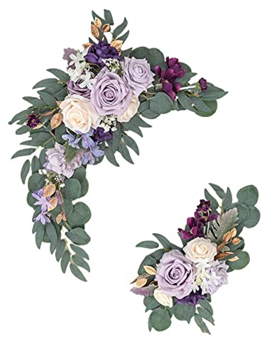 CDQL 2 Pezzi di Cartello di Benvenuto per Il Matrimonio, Decorazione Floreale - Decorazione per Arco di Nozze con Fiori Artificiali, per Cerimonie Nuziali e Ricevimenti (Viola Chiaro)