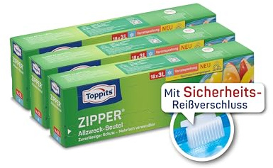 Toppits Zipper Lot de 3 x 18 sachets multi-usages – Film spécial indéchirable, réutilisable, transparent