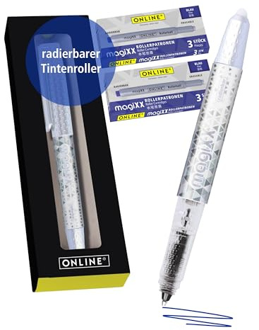 Online magiXX radierbarer Tintenroller Weiß mit Tintenpatronen I Rollerball mit 0,7mm Strichstärke I inkl. 7x Patrone blau I radierbarer Stift