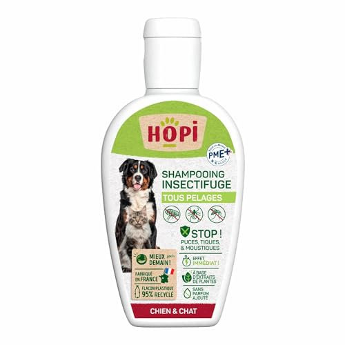 HOPI Shampooing Tous Pelages Anti Puces Chat et Chien 250 ML - Protection idéale pour repousser Les Puces, Les Tiques et Les Moustiques - Extraits de Plantes - Pratique et Facile - Fabriqué en France