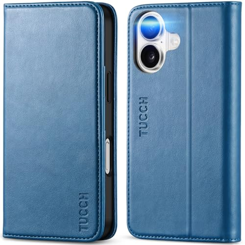 TUCCH Flip Card Wallet Case for iPhone 16 (6.1), Lake Blue | 3 Card Holders, RFID Blocking, Viewing Stand, Shockproof TPU, Premium PU Leather, Folding Folio Cover