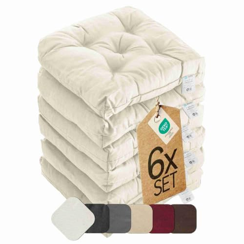 etérea Sitzkissen 42x42 cm 6er Set - Creme 8 cm hoch - Bodenkissen für Indoor, Outdoor, Küche, Garten, Auflage - Heidi Stuhlauflage - 6 Stück Stuhlkissen 40x40 cm Creme