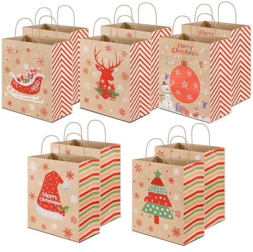 Geschenktüten Weihnachten Geschenkverpackung Papiertüten Kraftpapier - 10 Stück Weihnachtstüten Geschenktüte mit Griff in 5 Mustern für Geschenke, Cracker, Süßigkeiten, Party-Zubehör (33 x 26 x 12cm)