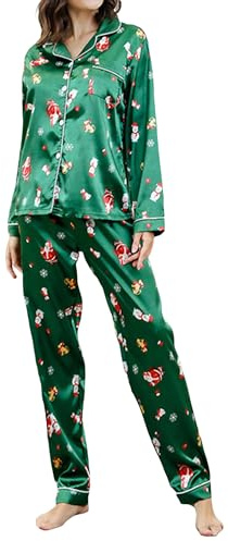 Fiacafyo Ensemble de pyjama de Noël à plumes pour femmes, haut à col boutonné à manches longues + pantalon 2 pièces, vêtements de nuit en soie, vêtements d’intérieur, c-vert, L