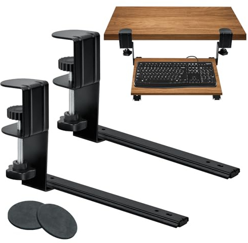 Support Clavier Coulissant, Extensible Supports D'étagère pour Clavier, Ergonomique Support Clavier Ordinateur sous Bureau, Plateau de Clavier de Bureau avec Pince en C, 235mm x 140mm (Noir)