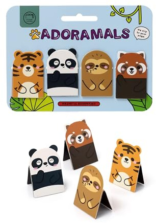 Set med 4 magnetiska bokmärken i form av vilda söta djur – panda, sengångare, tiger och röd panda – användbar present till pojkar och flickor