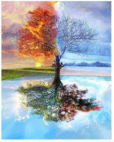 Ehuihuan Arbre Coloré Peinture Numero Adulte, Arbre des Quatre Saisons Peinture par Numero Adulte, DIY Kits de Peinture au Numéro avec Pinceaux et Peintures- 40×50 cm Sans Cadre (B)