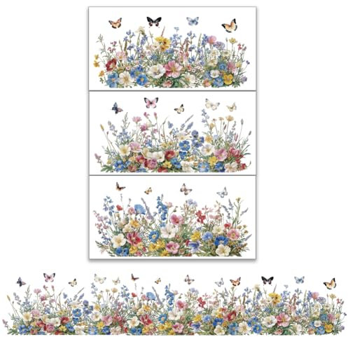 OLYCRAFT Set 3 Pz Fiori Trasferimenti per Mobili e Artigianato 30x15cm, Decalcomanie in Legno con Erba Farfalle, Adesivi Trasferibili per Decorazione Casa