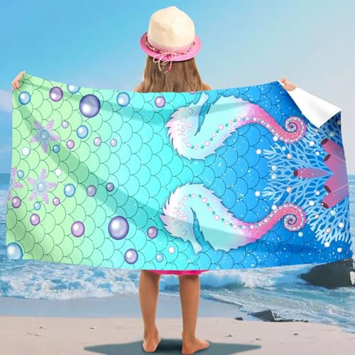 AUNGKWANG Seepferdchen Strandtuch für Kinder, 75x150 cm Strandhandtuch für Mädchen, Mikrofaser Strandtuch, Ultra Saugfähig, Schnell Trocknend Badetuch, für Strand Reise Schwimmen