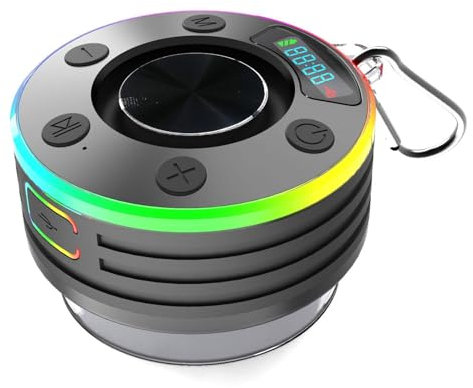 ASHATA Tragbarer Bluetooth -Duschlautsprecher, IPX7 Rain Profes Bluetooth 5.3 -Lautsprecher mit Saugbecher, Stereo -Sound -Lautsprecher in Mikrofon, RGB -Licht, Uhr, FM, Doppelpaarung