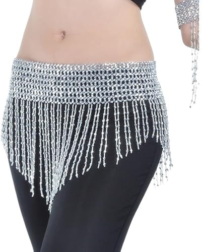 DLZFUDTY Bauchtanz HüFttuch,Glitzer Rock Bauchtanz Kostüm Hüft Zubehör Dame Bauchtanz Taille Kette Bauch Tanzen Taille Perlen Perlenkette Erwachsene Tanzkleidung(Silver)