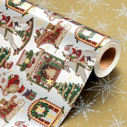Wikadlik Weihnachts Geschenkpapier Minirolle Silber mit Vintage Kamin, Pferd und Christbaumkugeln für Feiertage, DIY und festliche Anlässe – 43cm x 10m