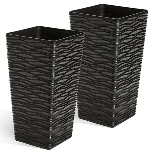 JonesHouseDeco Macetas altas negro para árbol de 2 piezas, cuadradas, de 55 cm de alto, macetas cónicas onduladas para interiores y exteriores, modernas macetas decorativas con acabado ondulado