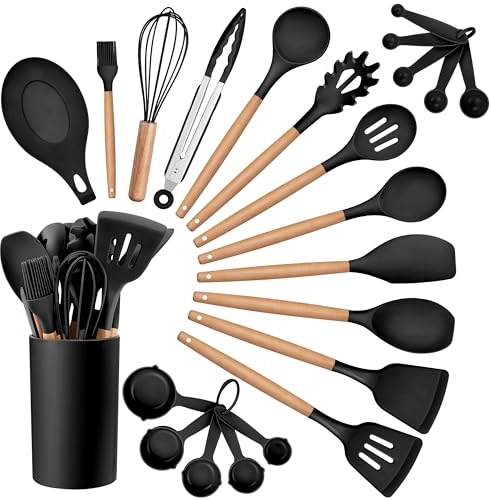 HaWare Kitchen Cooking Utensils Set, 23-Piece Silicone Kitchen Utensils Spatula Set with Holder, Heat Resistant Wooden Handle Kitchen Gadget for Nonstick Cookware, Food-grade Turner Spoon Sets (Black)