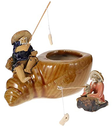 CAXUSD Fisherman Figure Ornament Set for Fish Tank and Garden Bonsai 2 Pcs Ceramic Fisherman Models Miniature Fishing Decor for Aquariums and Micro Landscapes