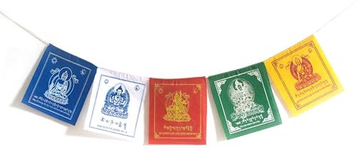Bandiera di Preghiera Tibetana Om Mani Padme Hum - Fatta a Mano in Nepal, Mantra Pace & Armonia