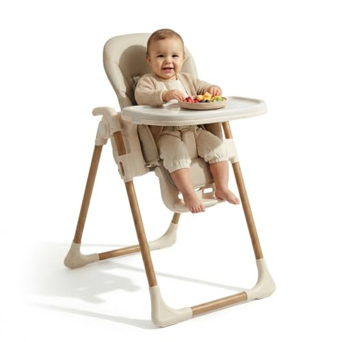 Venture Flare High Chair – Adjustable Highchair with Reclining Seat, Foldable Baby High Chair with Removable Tray & Dishwasher-Safe Liner, Compact Space-Saving Design, 6 Months to 3 Years - Beige