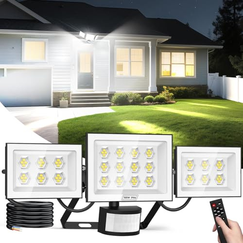 Viugreum Security Lights 100W 10000LM, Led Floodlight with PIR Motion Sensor & Remote Control, IP65 Waterproof 6500K Outdoor Sensor Light, 3 Heads Adjustable for Yard, Court, Street, Parking Lot
