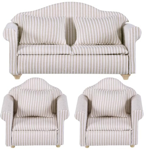 Toddmomy 1:12 Miniatur Sofa Set für Puppenhaus Möbel, Elegante Couch mit Kissen, Holz Mini Möbel Puppenstube Zubehör, Dekoration für Wichteltür & Wichtel Wohnzimmer