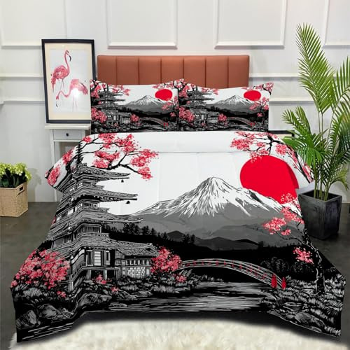 Piumino Letto Alberi Di Ciliegio In Fiore Matrimoniale 4 Stagioni 200x200cm - Piumone Autunnale Invernale Architettura Giapponese Trapunta Traspirante e super morbido con 2 Federe, Grigio Scuro