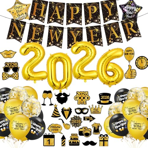 Silvester Deko 2026 Party Set, Neujahr Silvesterdeko Schwarz Gold Set mit New Year Banner Fotorequisiten, Silvester Dekoration 2026 Party Supply