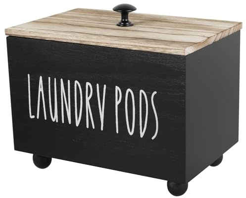 Wood Dryer Sheet Holder, Laundry Pod Holder, Scent Booster Container with Lid, Rustic Wood Dryer Sheet Container, Laundry Beads Dispenser for Kitchen Bathroom (Black)