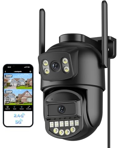 Reobiux Telecamera di sorveglianza esterna, con doppio obiettivo 6 MP, 2,4/5 GHz, WLAN, sorveglianza esterna, 360°, Ethernet, visione notturna a colori, audio bidirezionale, allarme sirena, IP66