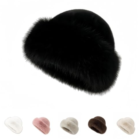 PQCHAOQ Pelzmütze Damen mit Kunstfuchs-Bommel,Weiche Plüsch Wintermütze für Damen,Russische Mütze für Skifahren, Damen Wärmespeicherung Fellmütze,Fischerhut für kaltes Wetter (schwarz)