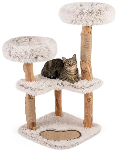 COSTWAY Arbre à Chat Bois XXL 101 cm, 4 Plateformes, Tapis et Poteaux à Griffer en Jute, Bois de Perlé, Arbre a Chat Maine Coon, Coussins Amovible, Tissu Pelucheux Long (101 cm,Blanc+Naturel)